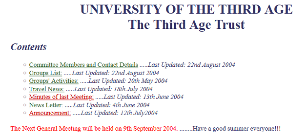 Twenty years of U3A Calpe’s Website Screenshot of U3A Calpe website 2004