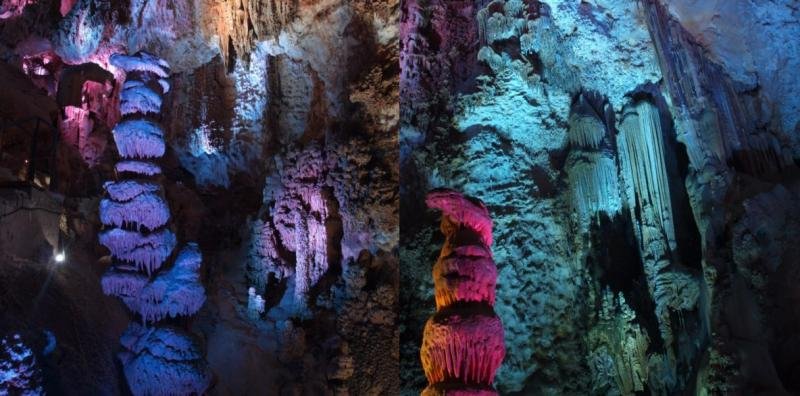 Stalactites in cave illuminated in colours